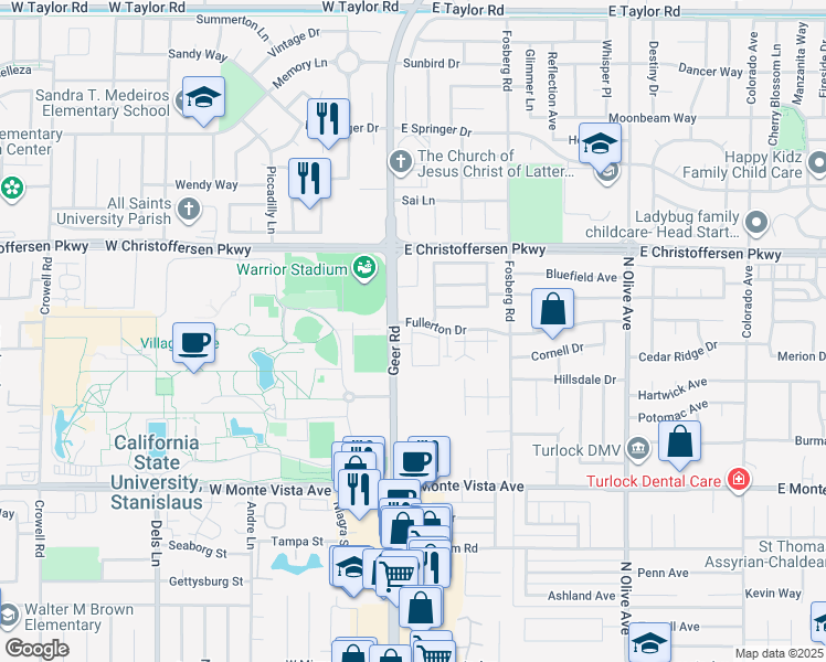 map of restaurants, bars, coffee shops, grocery stores, and more near 3649 Nicole Court in Turlock