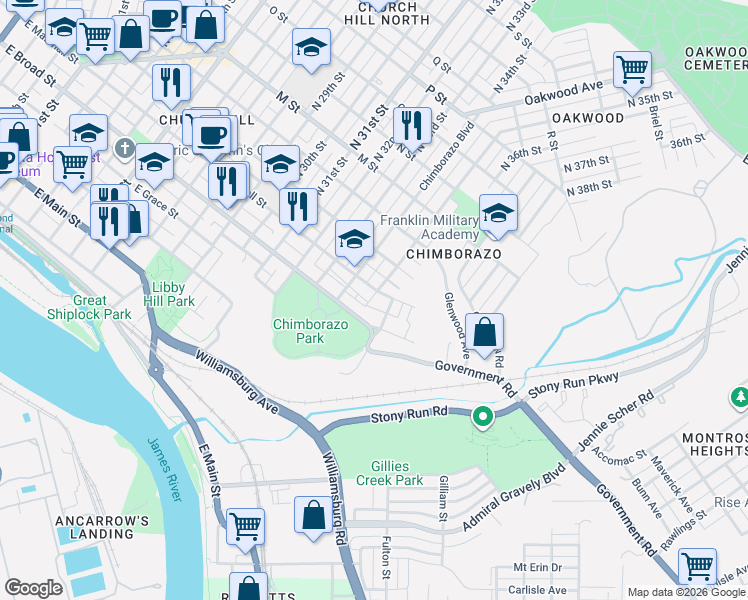 map of restaurants, bars, coffee shops, grocery stores, and more near in Richmond
