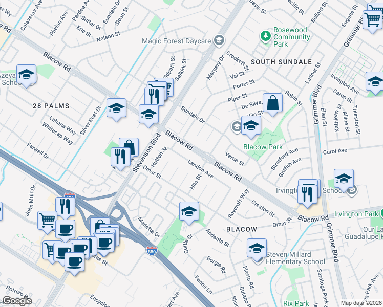 map of restaurants, bars, coffee shops, grocery stores, and more near 40338 Blacow Road in Fremont