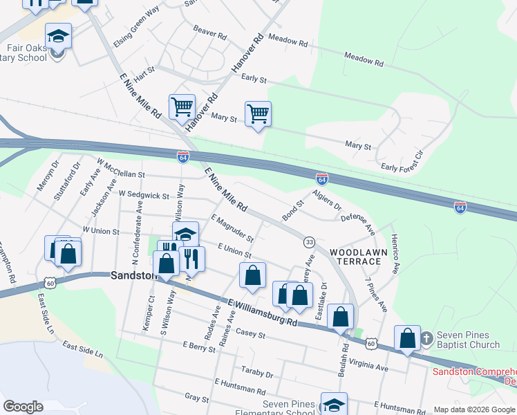 map of restaurants, bars, coffee shops, grocery stores, and more near 2008 East 9 Mile Road in Sandston