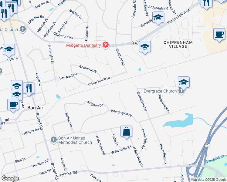 map of restaurants, bars, coffee shops, grocery stores, and more near 2026 Montaigne Drive in Richmond