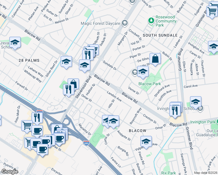 map of restaurants, bars, coffee shops, grocery stores, and more near 40327 Blacow Road in Fremont