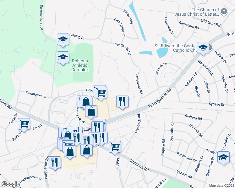 map of restaurants, bars, coffee shops, grocery stores, and more near 2601 Annakay Crossing in Midlothian