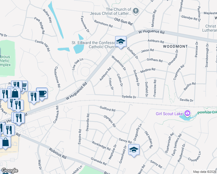 map of restaurants, bars, coffee shops, grocery stores, and more near 2325 Triton Drive in Richmond