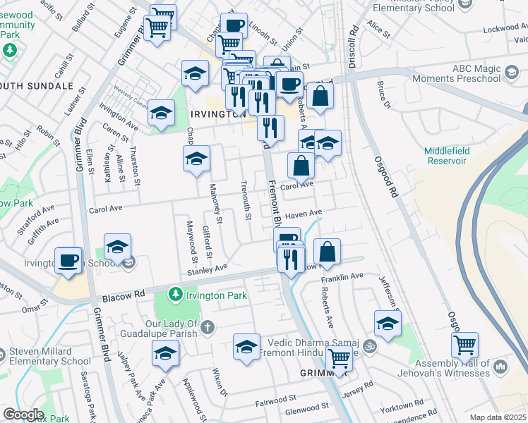 map of restaurants, bars, coffee shops, grocery stores, and more near 41543 Patton Terrace in Fremont