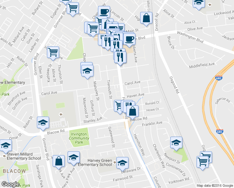 map of restaurants, bars, coffee shops, grocery stores, and more near 41543 Patton Terrace in Fremont