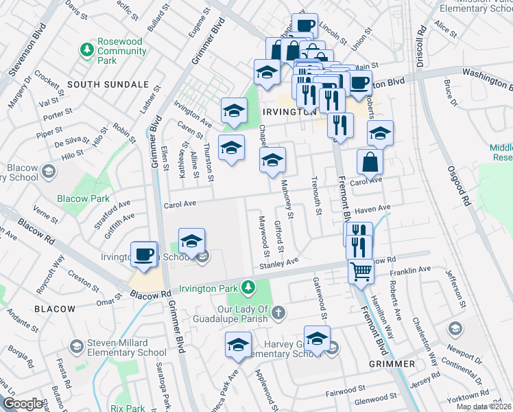 map of restaurants, bars, coffee shops, grocery stores, and more near 4325 Brookwood Avenue in Fremont