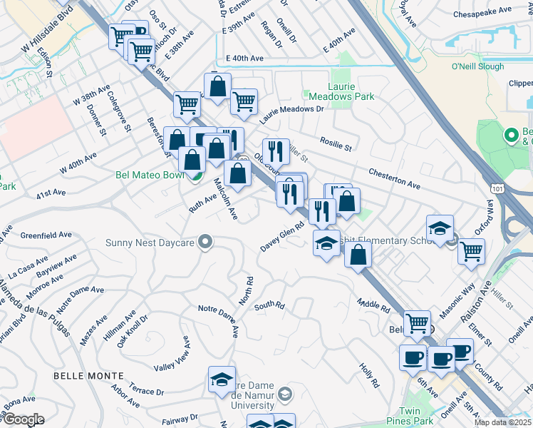 map of restaurants, bars, coffee shops, grocery stores, and more near 364 Malcolm Avenue in Belmont