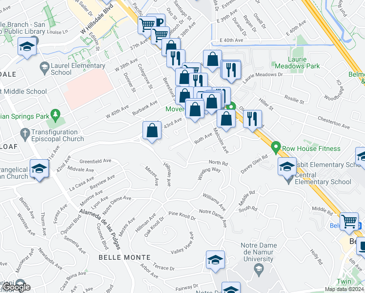 map of restaurants, bars, coffee shops, grocery stores, and more near 131 Irene Court in Belmont
