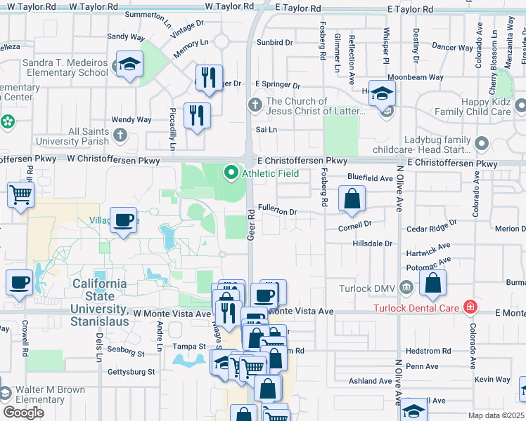 map of restaurants, bars, coffee shops, grocery stores, and more near 3663 Nicole Court in Turlock