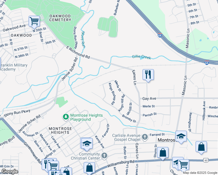 map of restaurants, bars, coffee shops, grocery stores, and more near 4408 Kings Bishop Road in Richmond