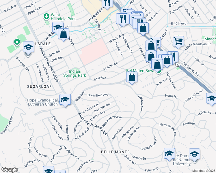 map of restaurants, bars, coffee shops, grocery stores, and more near 241 42nd Avenue in San Mateo