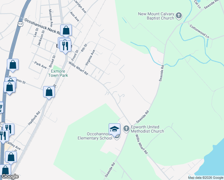 map of restaurants, bars, coffee shops, grocery stores, and more near 3555 Willis Wharf Road in Exmore