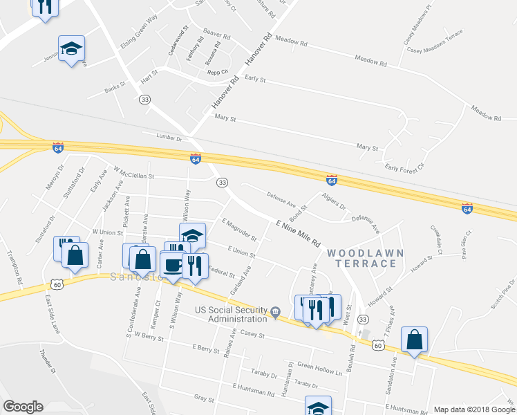 map of restaurants, bars, coffee shops, grocery stores, and more near 2008 East 9 Mile Road in Sandston