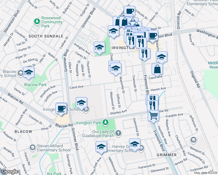 map of restaurants, bars, coffee shops, grocery stores, and more near 4325 Brookwood Avenue in Fremont