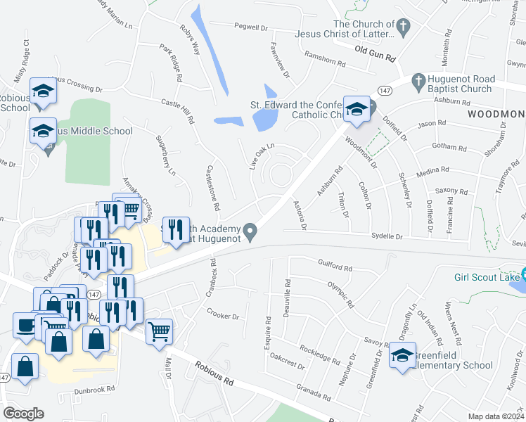 map of restaurants, bars, coffee shops, grocery stores, and more near 11115 Big Oak Lane in Midlothian