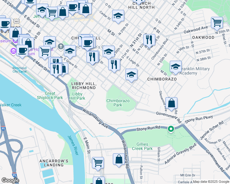 map of restaurants, bars, coffee shops, grocery stores, and more near 3215 East Broad Street in Richmond