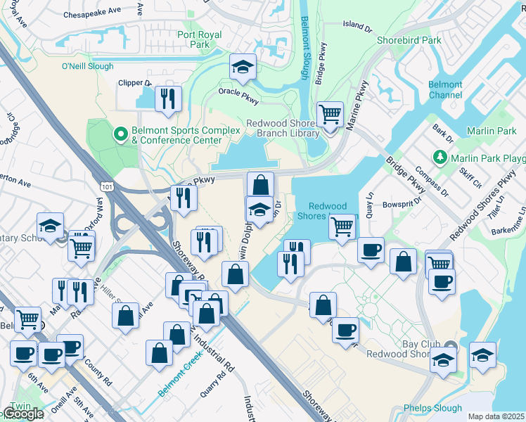 map of restaurants, bars, coffee shops, grocery stores, and more near 3 Twin Dolphin Drive in Redwood City