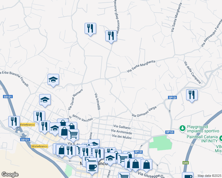 map of restaurants, bars, coffee shops, grocery stores, and more near 93A Via Madonna degli Ammalati in Città metropolitana di Catania
