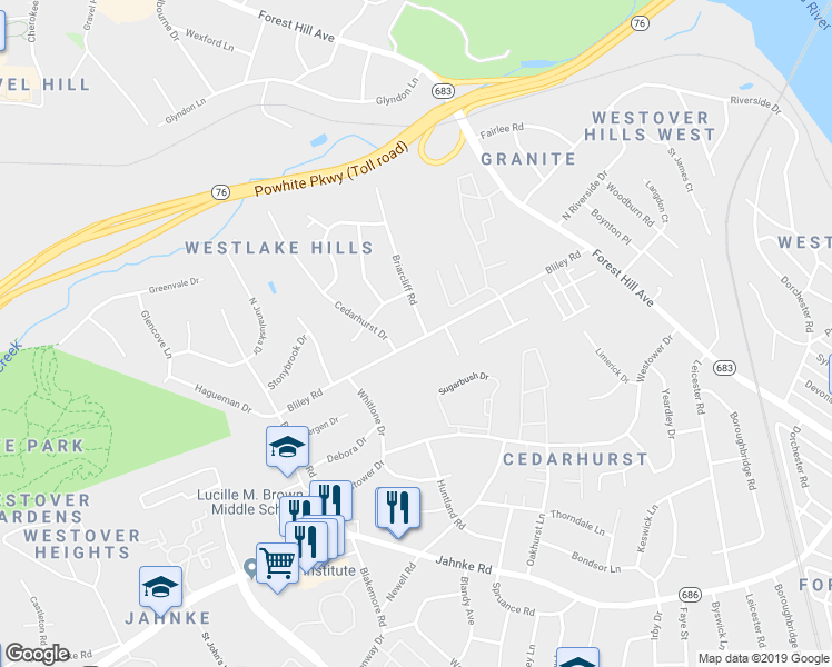 map of restaurants, bars, coffee shops, grocery stores, and more near 1800 Briarcliff Road in Richmond