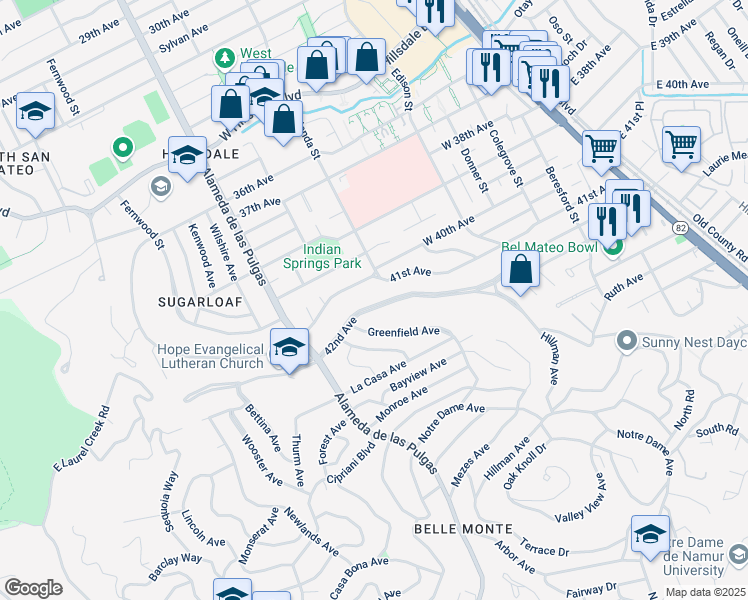 map of restaurants, bars, coffee shops, grocery stores, and more near 308 42nd Avenue in San Mateo