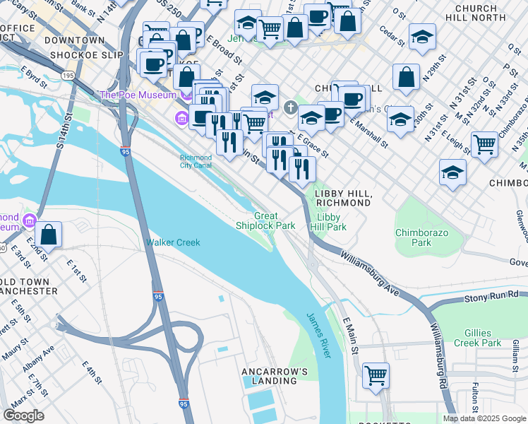 map of restaurants, bars, coffee shops, grocery stores, and more near 2803 Dock Street in Richmond