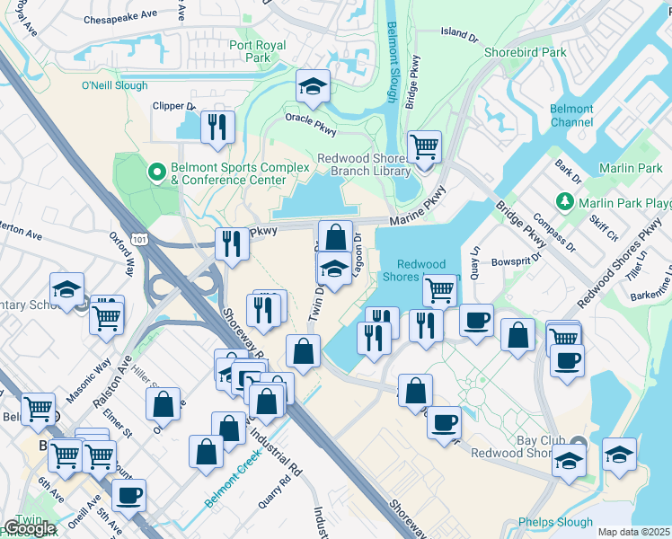 map of restaurants, bars, coffee shops, grocery stores, and more near 13 Twin Dolphin Dr in Redwood City