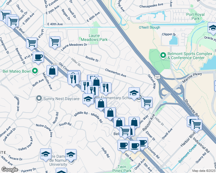 map of restaurants, bars, coffee shops, grocery stores, and more near 512 Marine View Avenue in Belmont