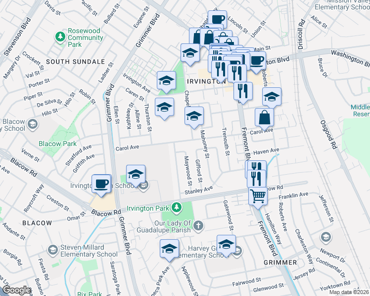 map of restaurants, bars, coffee shops, grocery stores, and more near 4325 Brookwood Avenue in Fremont