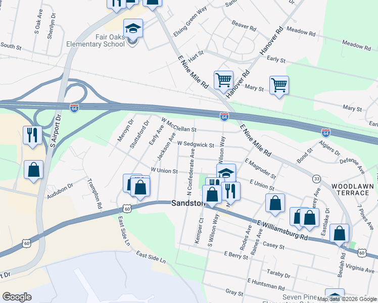 map of restaurants, bars, coffee shops, grocery stores, and more near 203 North Confederate Avenue in Sandston