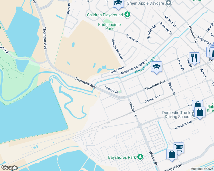 map of restaurants, bars, coffee shops, grocery stores, and more near 36999 Papaya Street in Newark