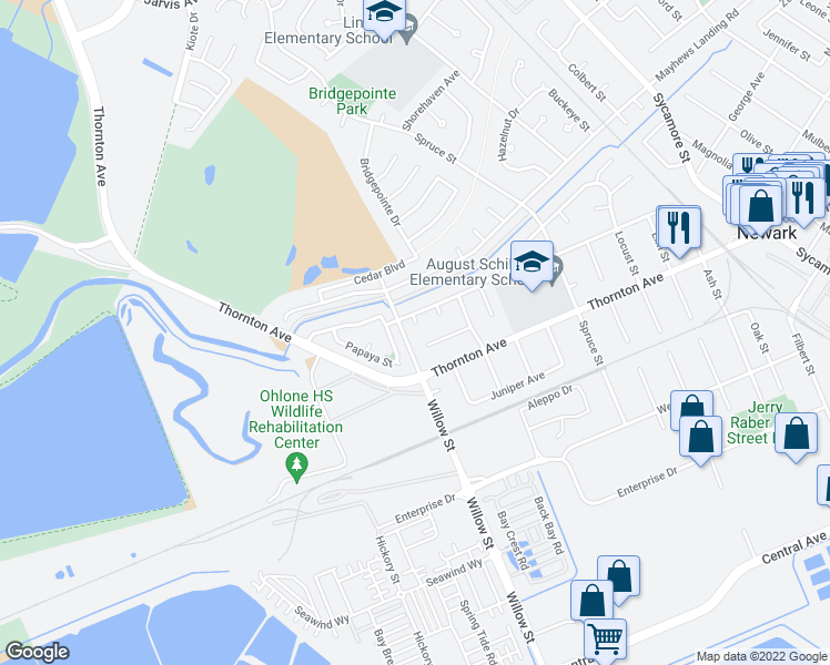 map of restaurants, bars, coffee shops, grocery stores, and more near 36867 Fir Court in Newark