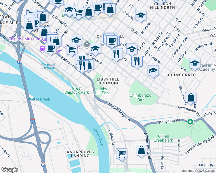 map of restaurants, bars, coffee shops, grocery stores, and more near in Richmond