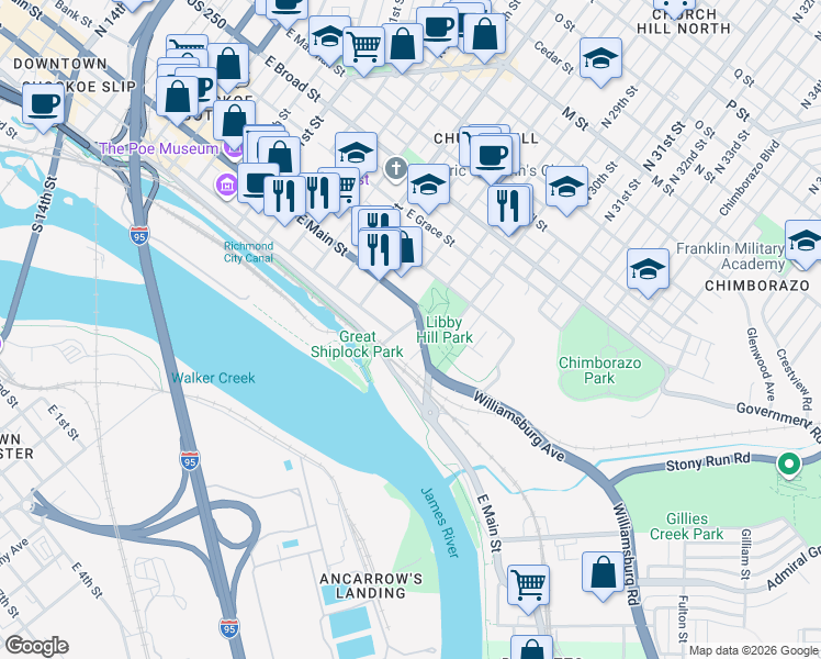 map of restaurants, bars, coffee shops, grocery stores, and more near 2720 East Cary Street in Richmond