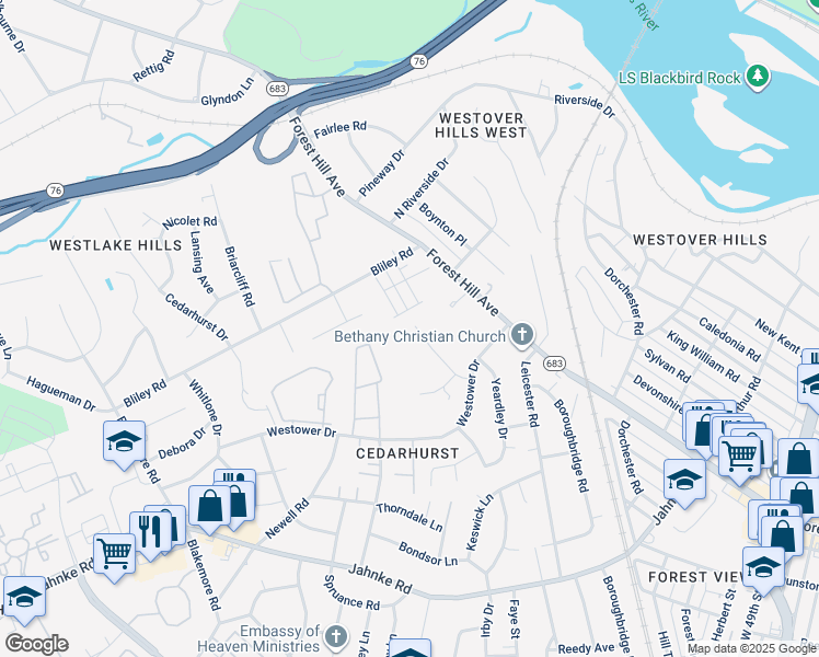 map of restaurants, bars, coffee shops, grocery stores, and more near 5845 Riverside Trail in Richmond