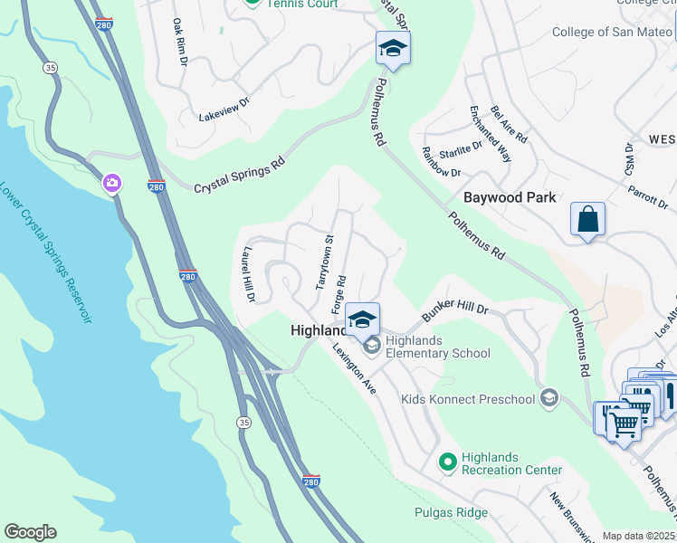 map of restaurants, bars, coffee shops, grocery stores, and more near 1540 Forge Road in San Mateo