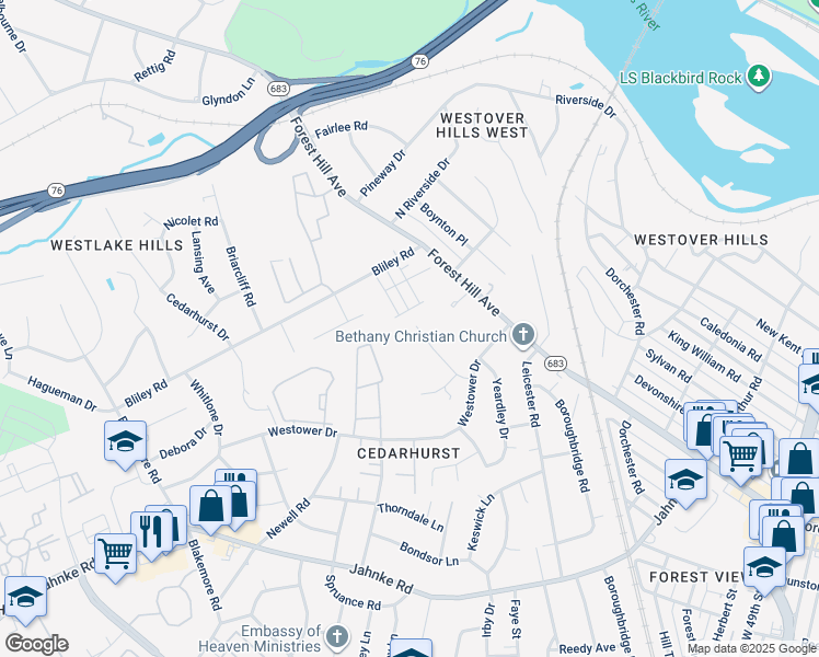 map of restaurants, bars, coffee shops, grocery stores, and more near 5845 Riverside Trail in Richmond