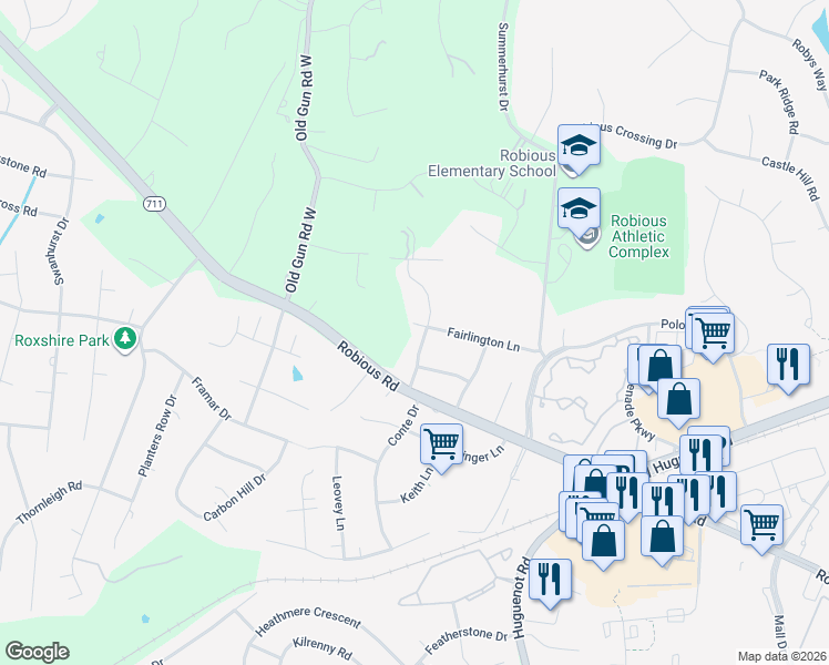 map of restaurants, bars, coffee shops, grocery stores, and more near 2520 Hillanne Drive in Midlothian