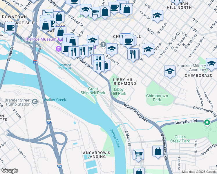 map of restaurants, bars, coffee shops, grocery stores, and more near 2801 East Main Street in Richmond
