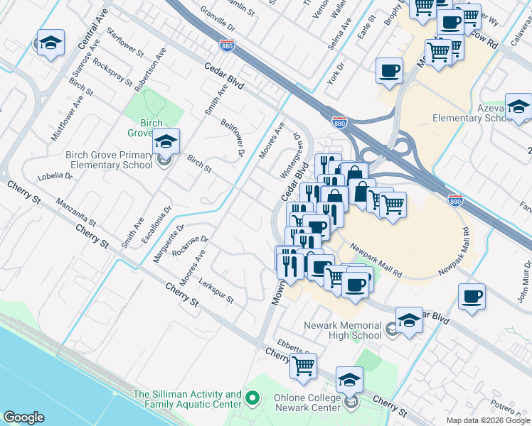 map of restaurants, bars, coffee shops, grocery stores, and more near 38793 Quince Place in Newark