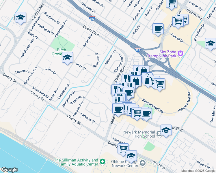map of restaurants, bars, coffee shops, grocery stores, and more near 38793 Quince Place in Newark