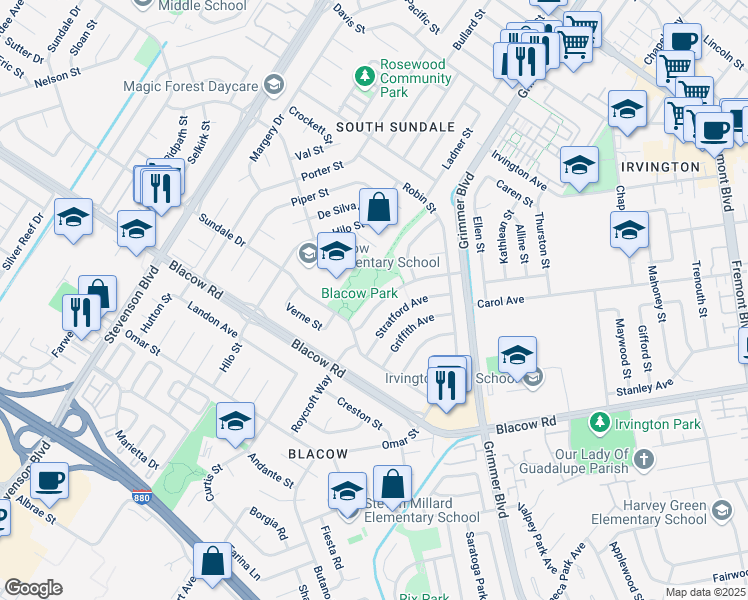 map of restaurants, bars, coffee shops, grocery stores, and more near 4751 Victoria Ave in Fremont