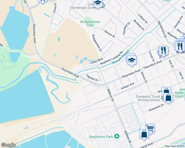map of restaurants, bars, coffee shops, grocery stores, and more near 8540 Peachtree Avenue in Newark