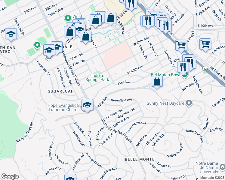 map of restaurants, bars, coffee shops, grocery stores, and more near 308 42nd Avenue in San Mateo