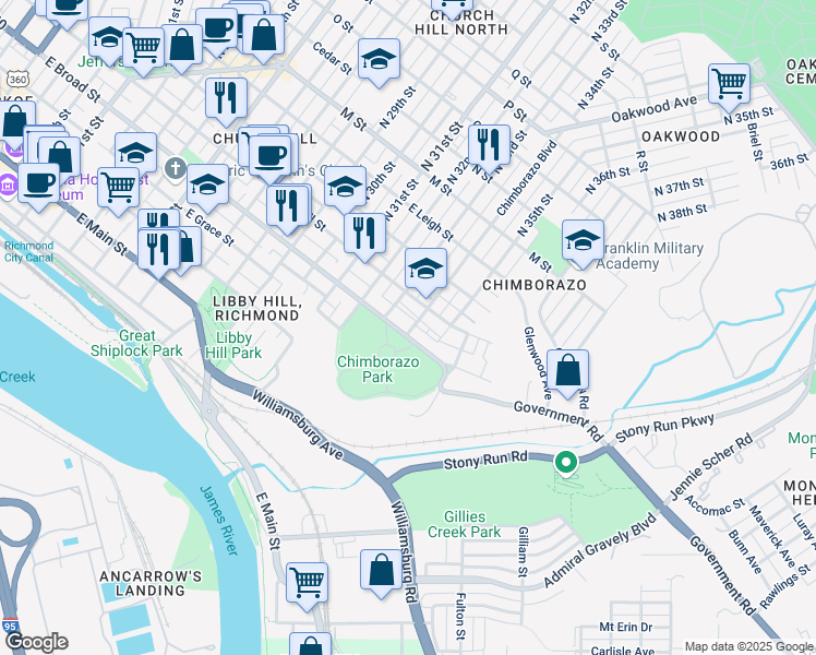 map of restaurants, bars, coffee shops, grocery stores, and more near 3320 East Broad Street in Richmond