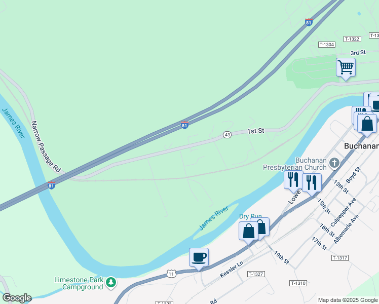 map of restaurants, bars, coffee shops, grocery stores, and more near 1297 Narrow Passage Road in Buchanan