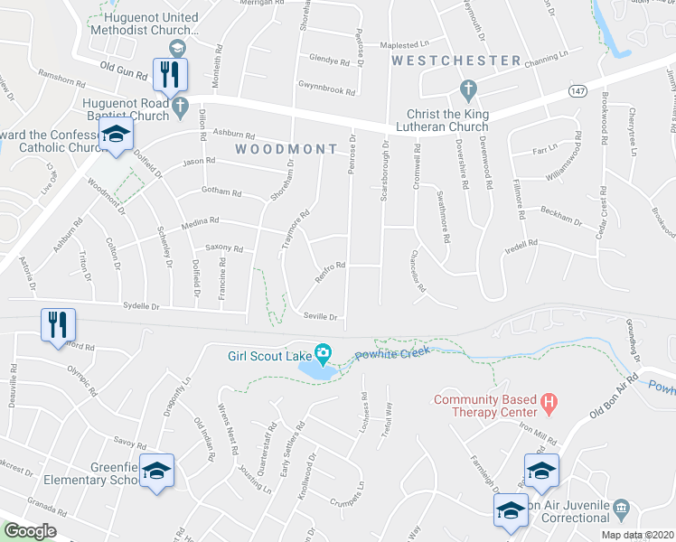 map of restaurants, bars, coffee shops, grocery stores, and more near 2352 Penrose Drive in Richmond
