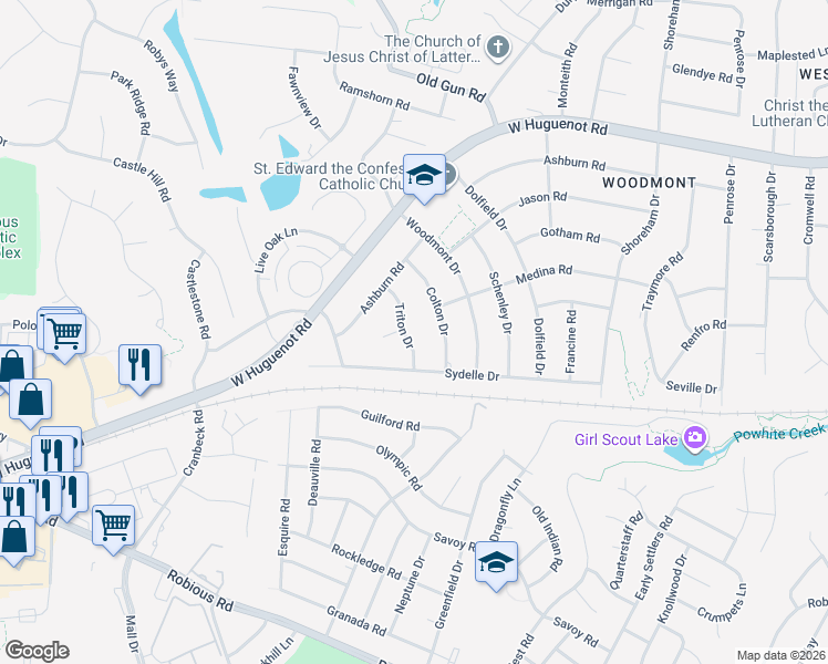 map of restaurants, bars, coffee shops, grocery stores, and more near 2325 Triton Dr in Richmond