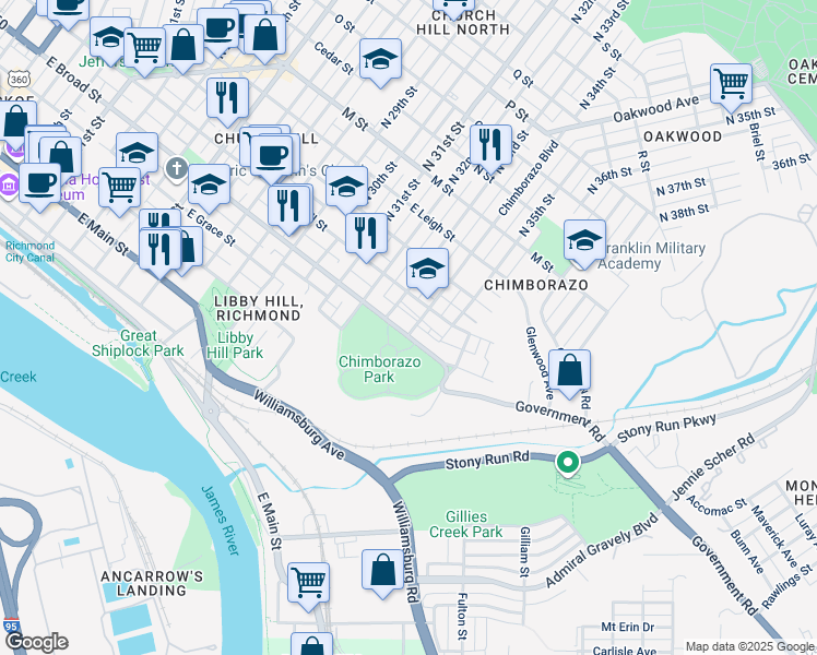 map of restaurants, bars, coffee shops, grocery stores, and more near 3318 East Broad Street in Richmond