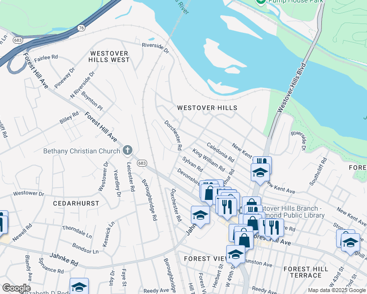 map of restaurants, bars, coffee shops, grocery stores, and more near 5301 Dorchester Road in Richmond